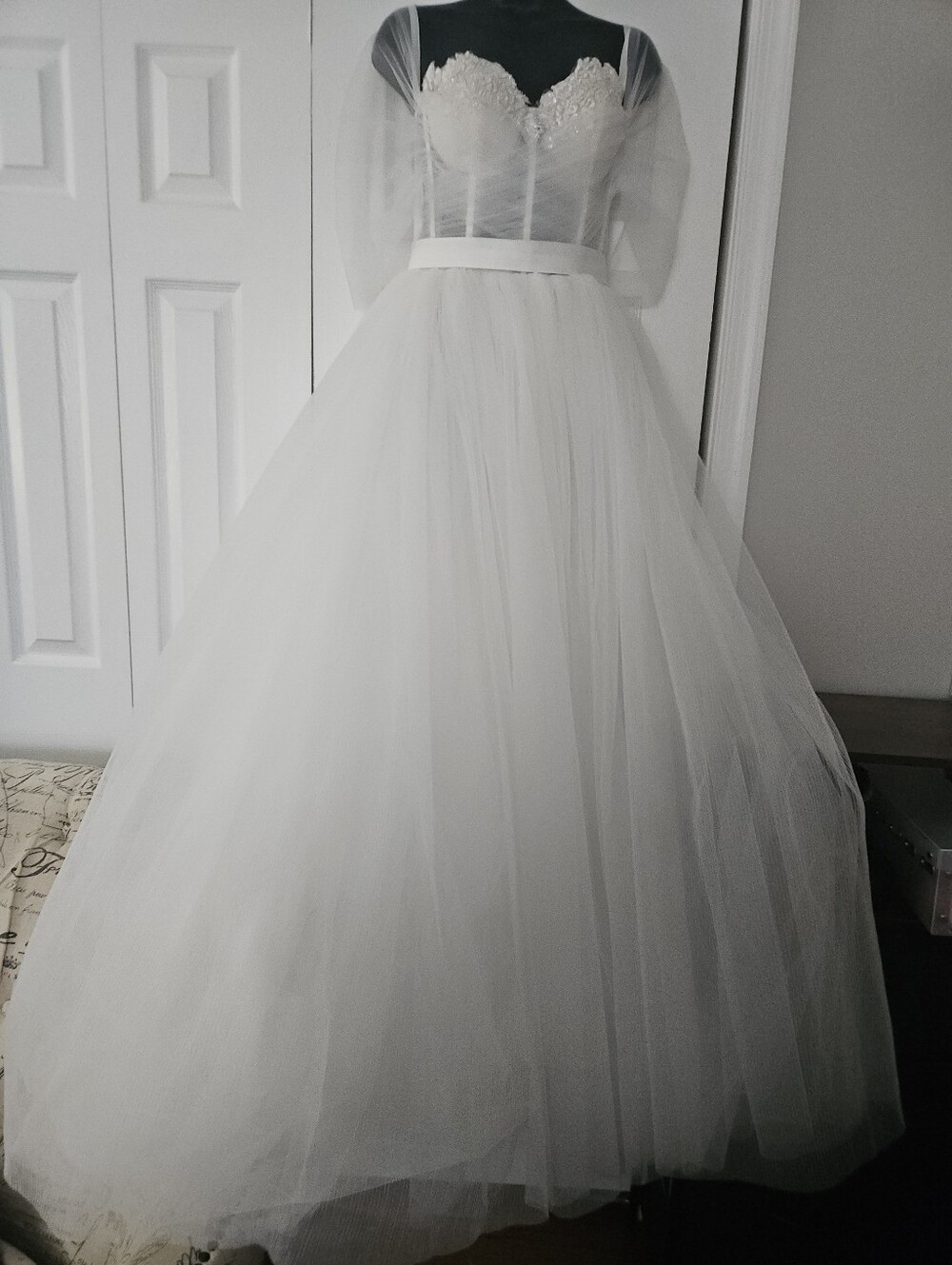 Custom White Tulle Wedding Gown with Sheer Arm Sleeves attachment